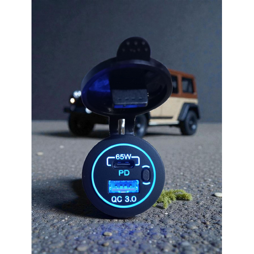 Dual USB Charger USB-C PD 65w USB-A QC 3.0 18w - On/Off Button, Round Type